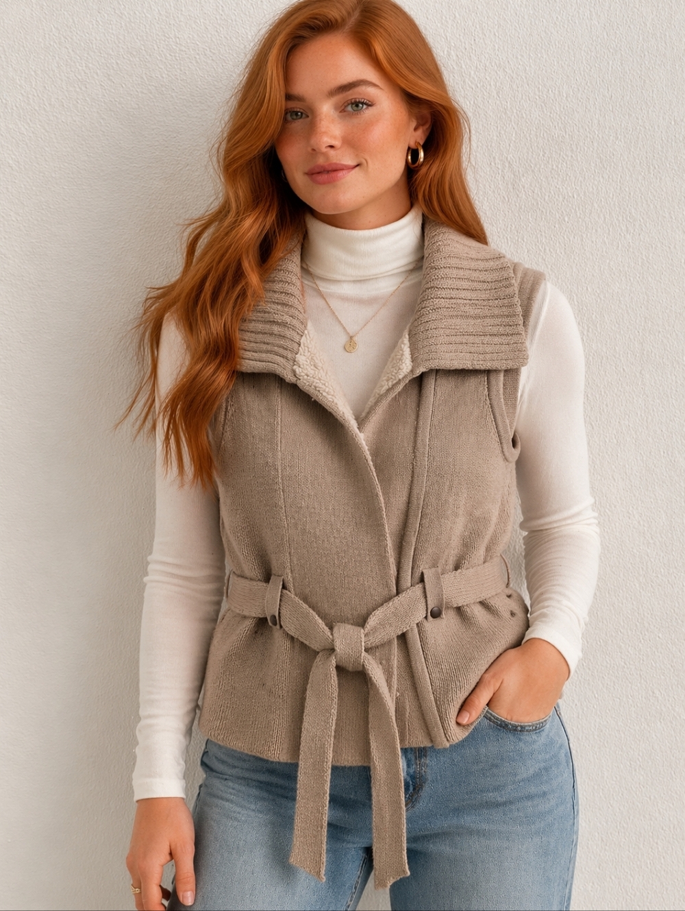 Loft Tan Solid Weight Sweater Vest Zip Front Belted Partial Sherpa Lined Sz M
